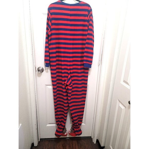 NICK & NORA Adult Sock Monkey Footed Onesie Pajamas Red & Blue Stripes Size L - Picture 3 of 15